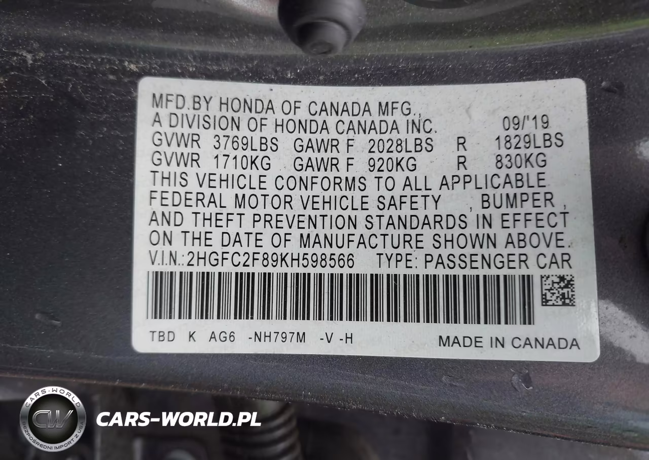 2019 Honda Civic Sport VIN:2HGFC2F89KH598566 - 9