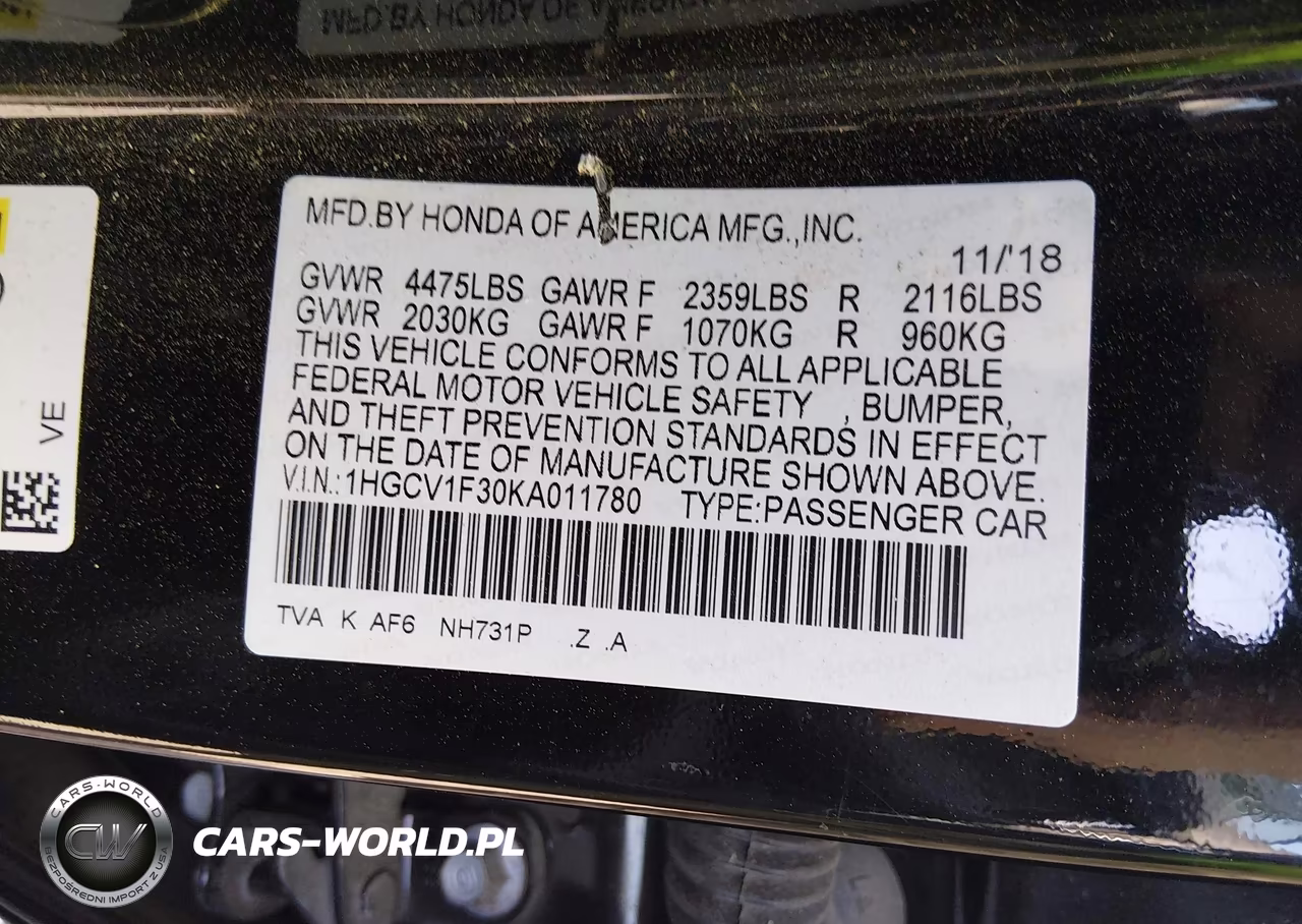 2019 Honda Accord Sport VIN:1HGCV1F30KA011780 - 9