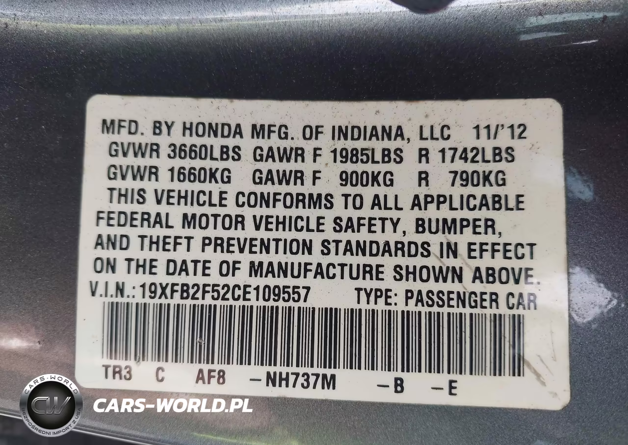 2012 Honda Civic Lx VIN:19XFB2F52CE109557 - 9