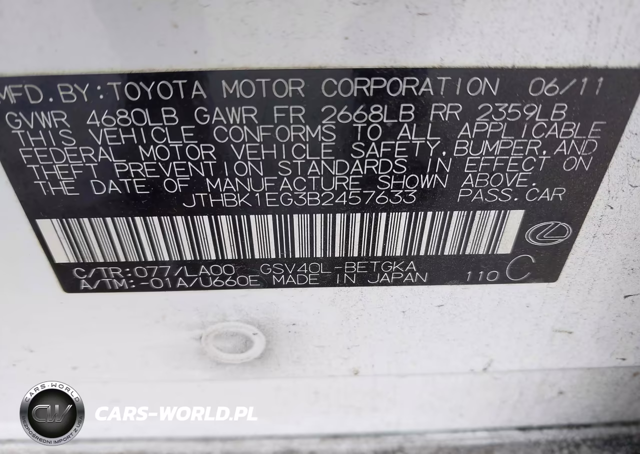 2011 Lexus Es 350 VIN:JTHBK1EG3B2457633 - 9