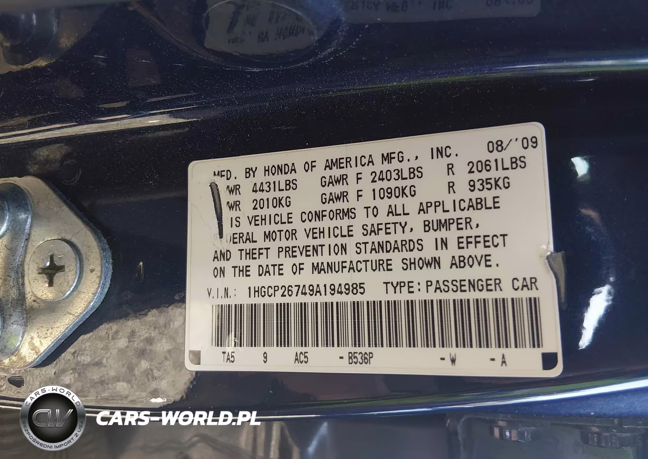 2009 Honda Accord 2.4 Ex VIN:1HGCP26749A194985 - 9