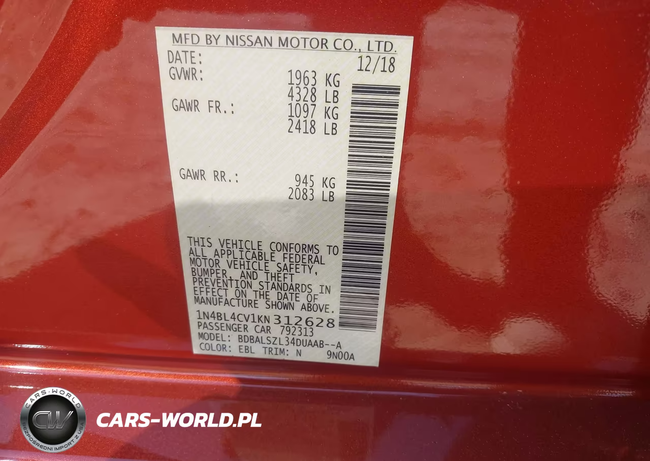 2019 Nissan Altima 2.5 Sr VIN:1N4BL4CV1KN312628 - 9