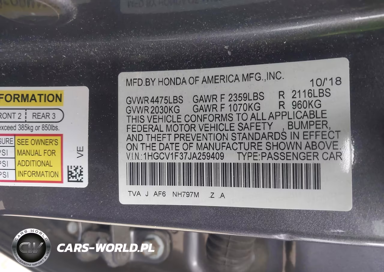 2018 Honda Accord Sport VIN:1HGCV1F37JA259409 - 9