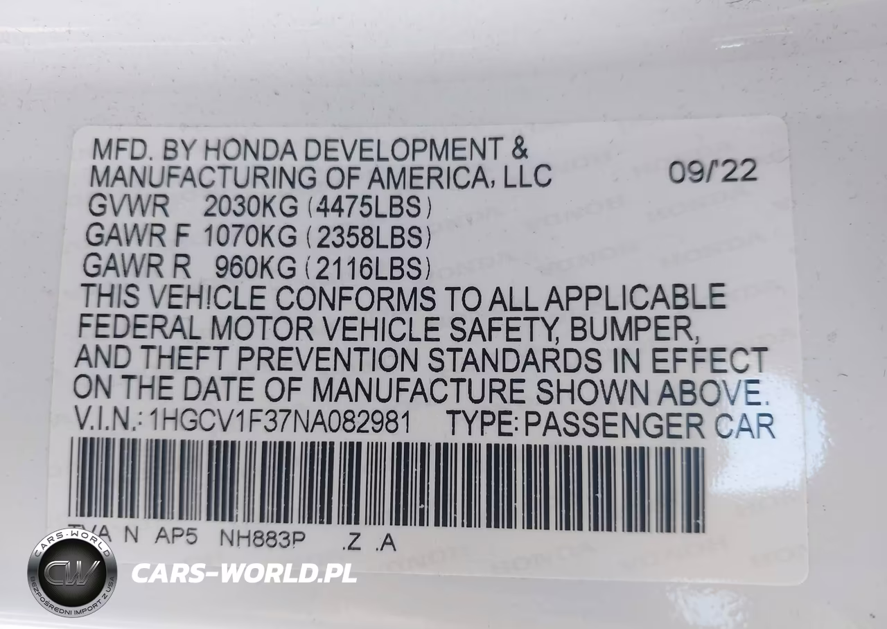 2022 Honda Accord Sport VIN:1HGCV1F37NA082981 - 9