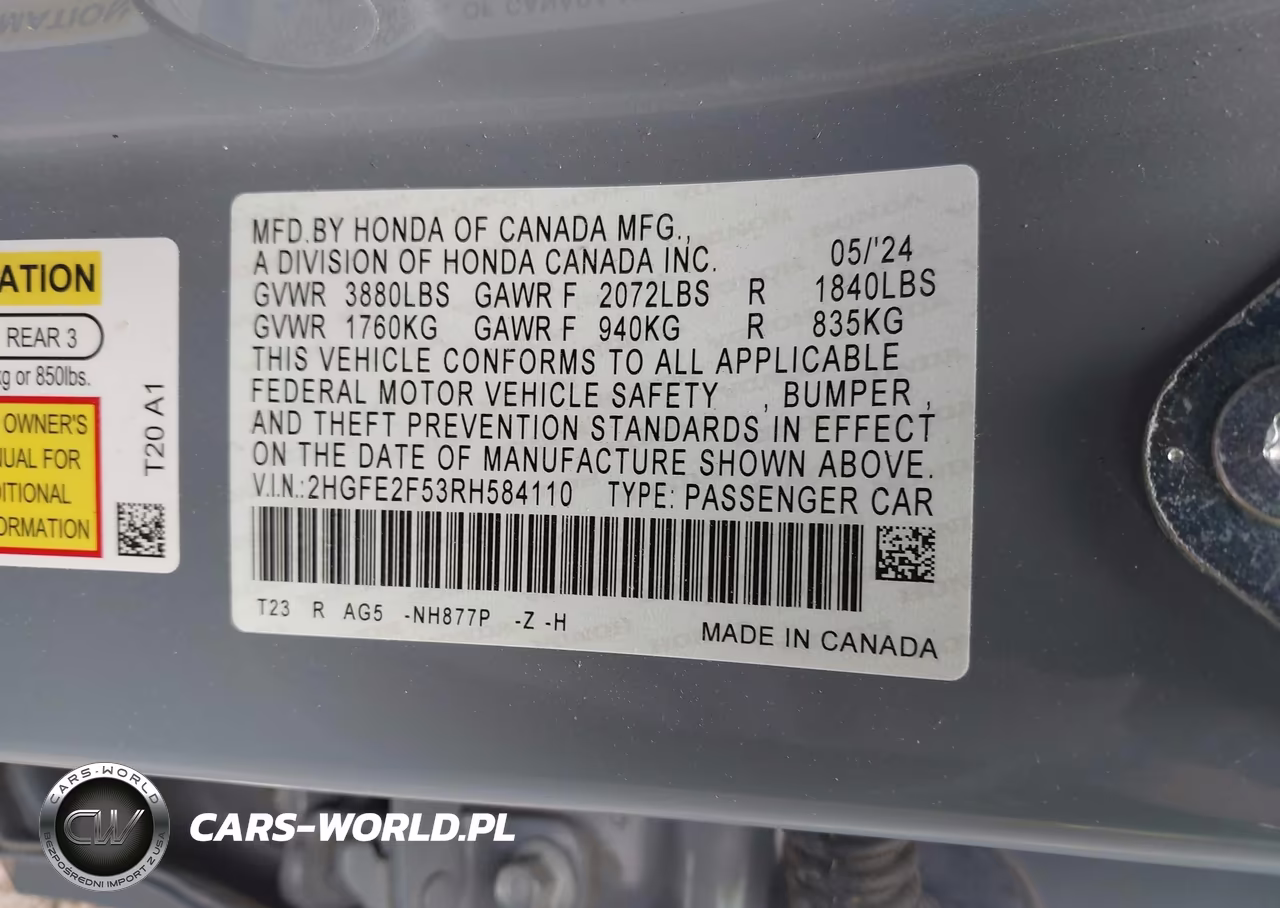 2024 Honda Civic Sport VIN:2HGFE2F53RH584110 - 9