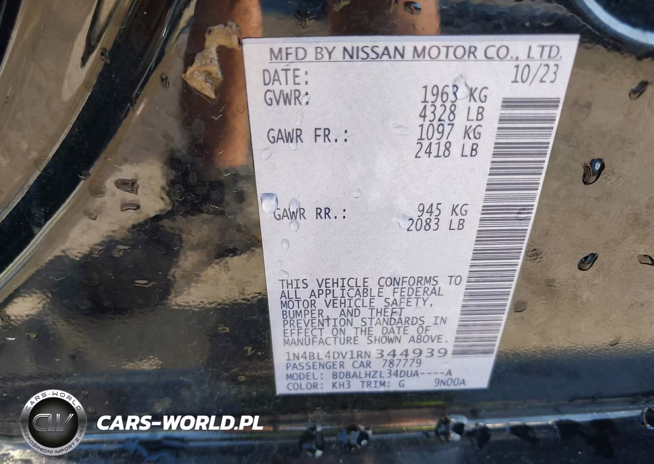 2024 Nissan Altima Sv Fwd VIN:1N4BL4DV1RN344939 - 9