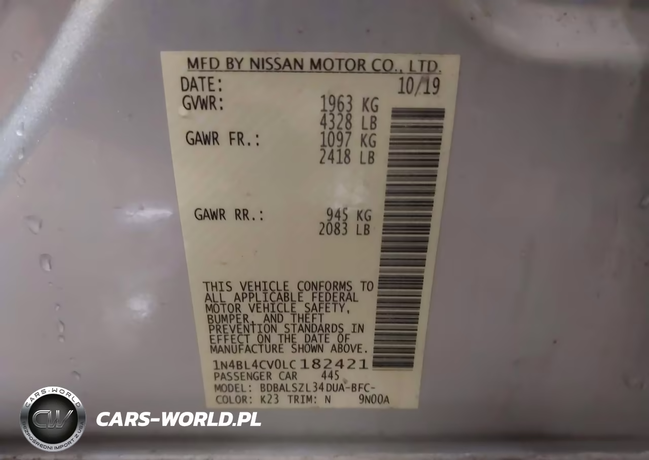 2020 Nissan Altima Sr Fwd VIN:1N4BL4CV0LC182421 - 9