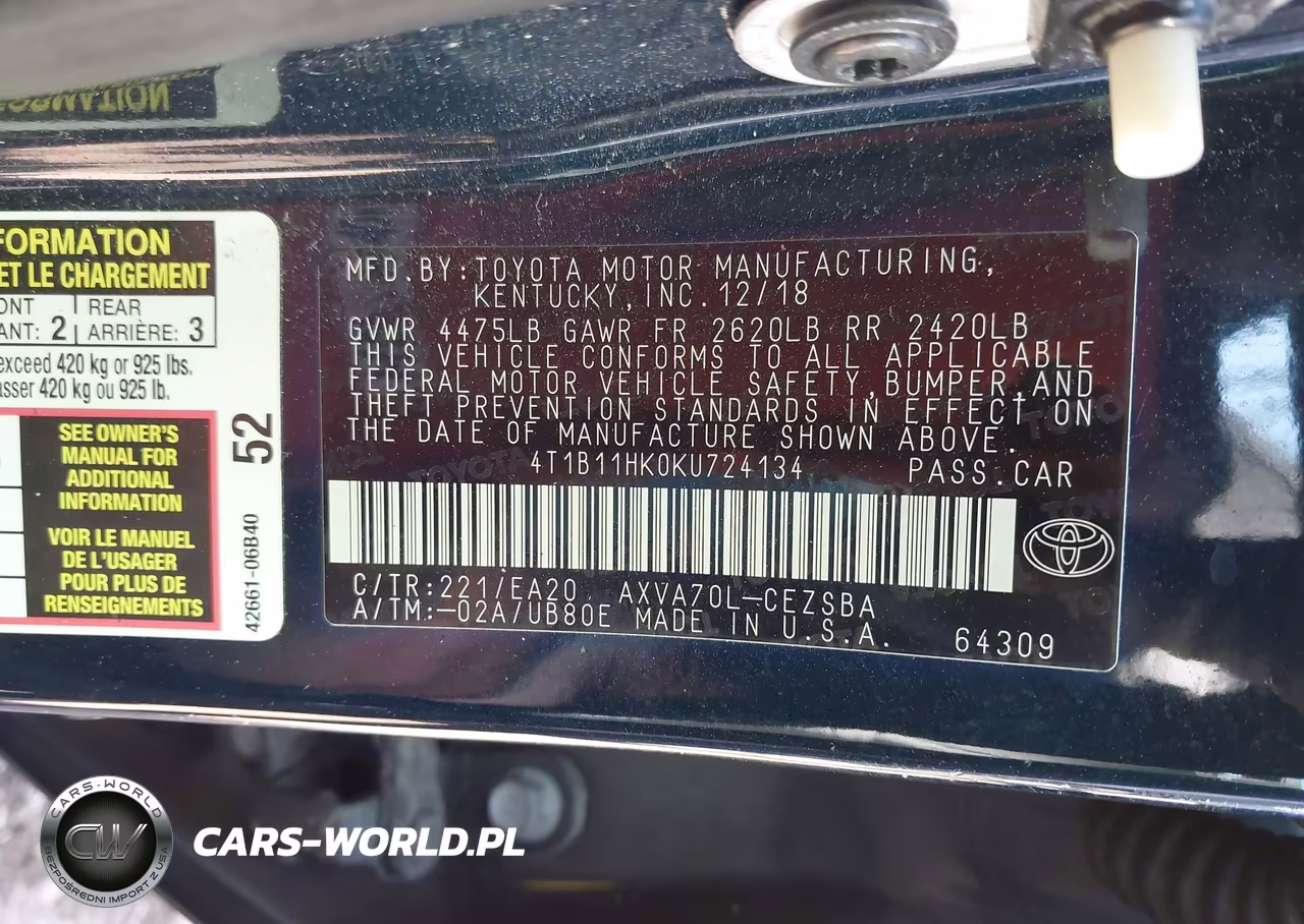 2019 Toyota Camry Se VIN:4T1B11HK0KU724134 - 9