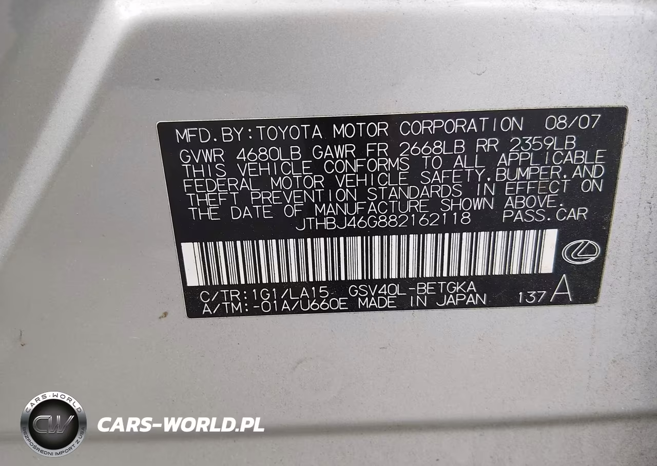 2008 Lexus Es 350 VIN:JTHBJ46G882162118 - 9