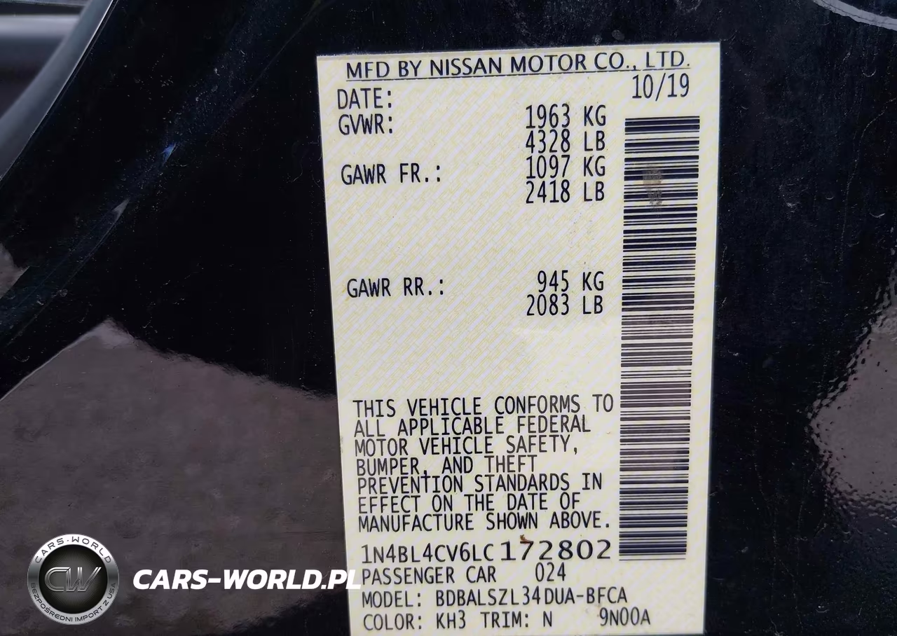 2020 Nissan Altima Sr Fwd VIN:1N4BL4CV6LC172802 - 9