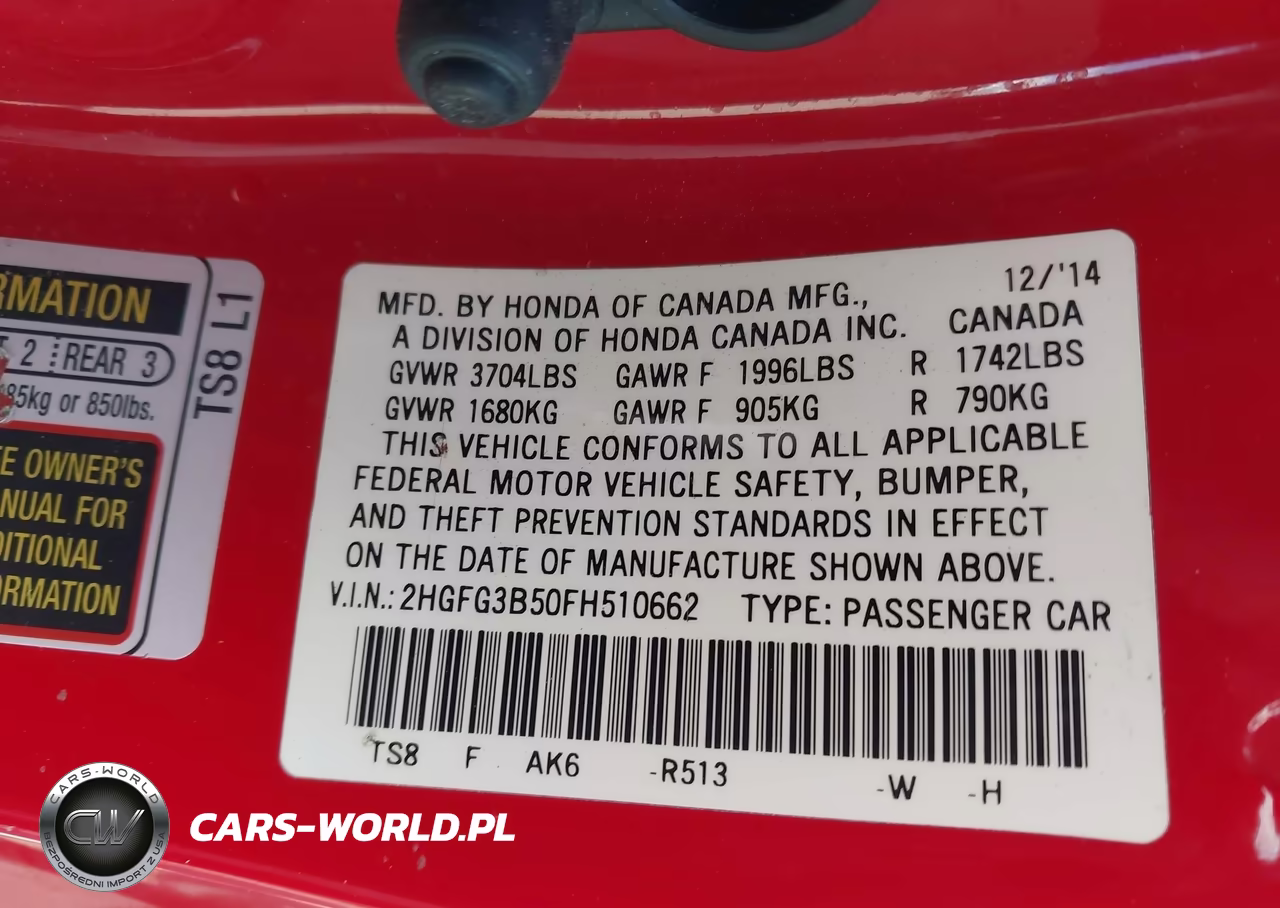 2015 Honda Civic Lx VIN:2HGFG3B50FH510662 - 9