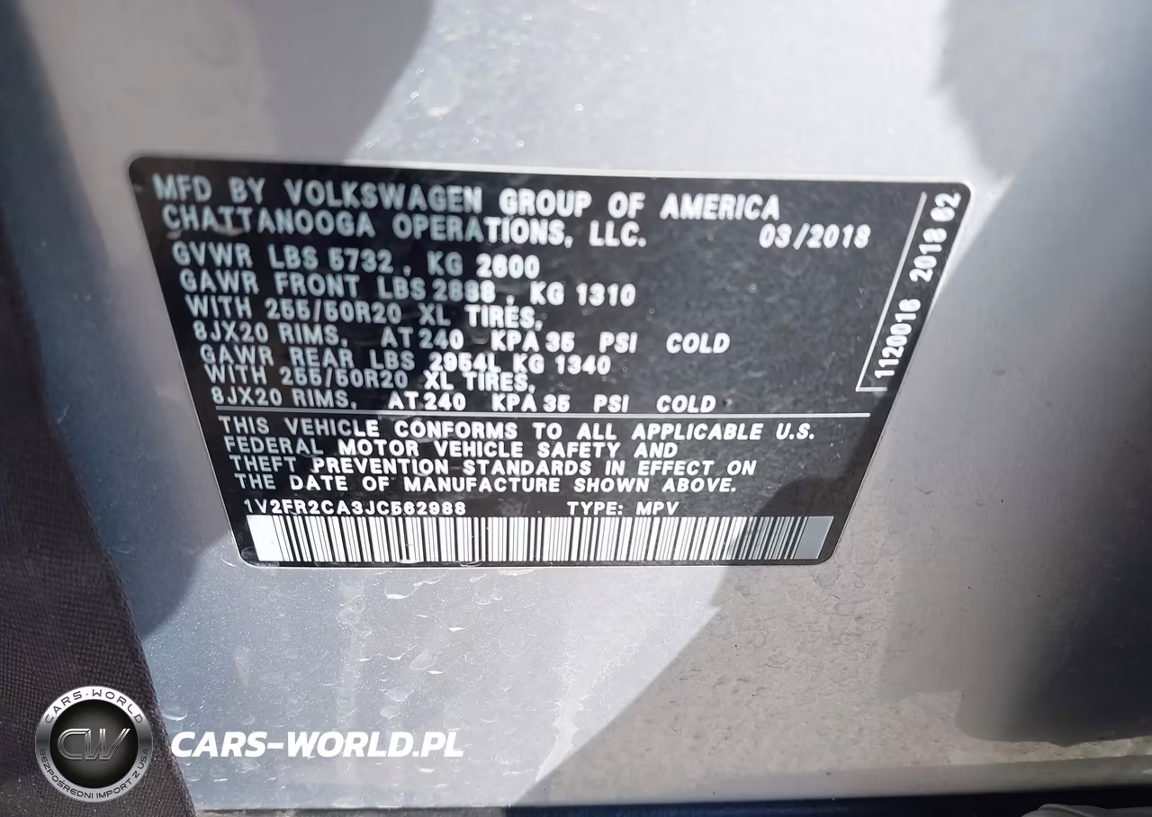 2018 Volkswagen Atlas 3.6L V6 Se W-Technology VIN:1V2FR2CA3JC562988 - 9