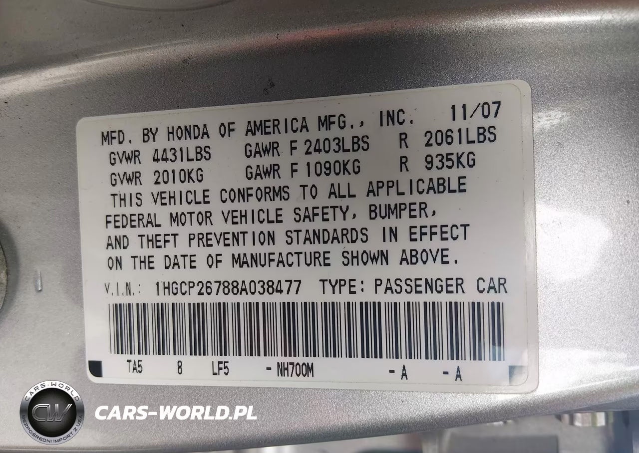 2008 Honda Accord 2.4 Ex VIN:1HGCP26788A038477 - 9