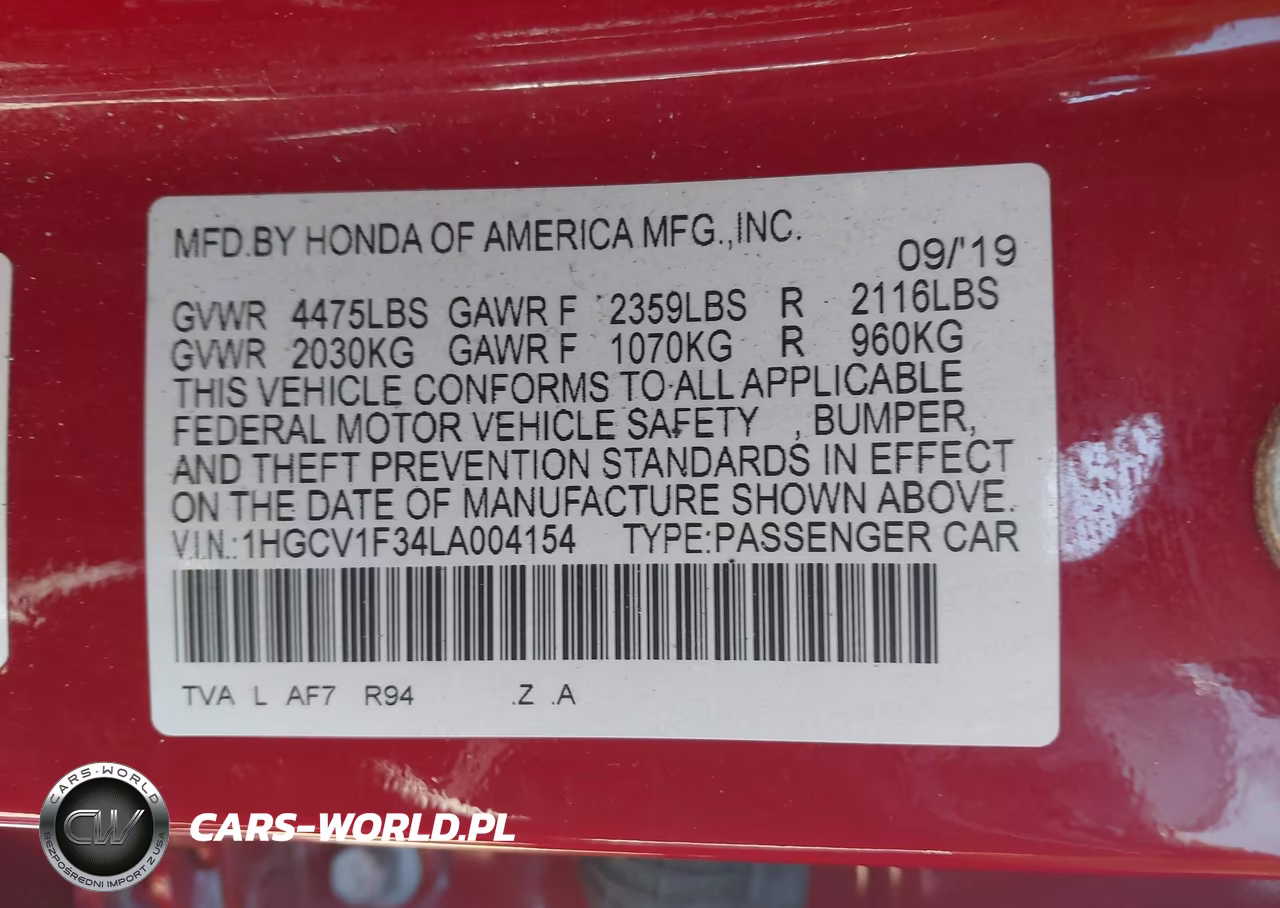 2020 Honda Accord Sport VIN:1HGCV1F34LA004154 - 9