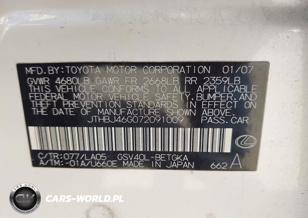 2007 Lexus Es 350 VIN:JTHBJ46G072091009 - 9