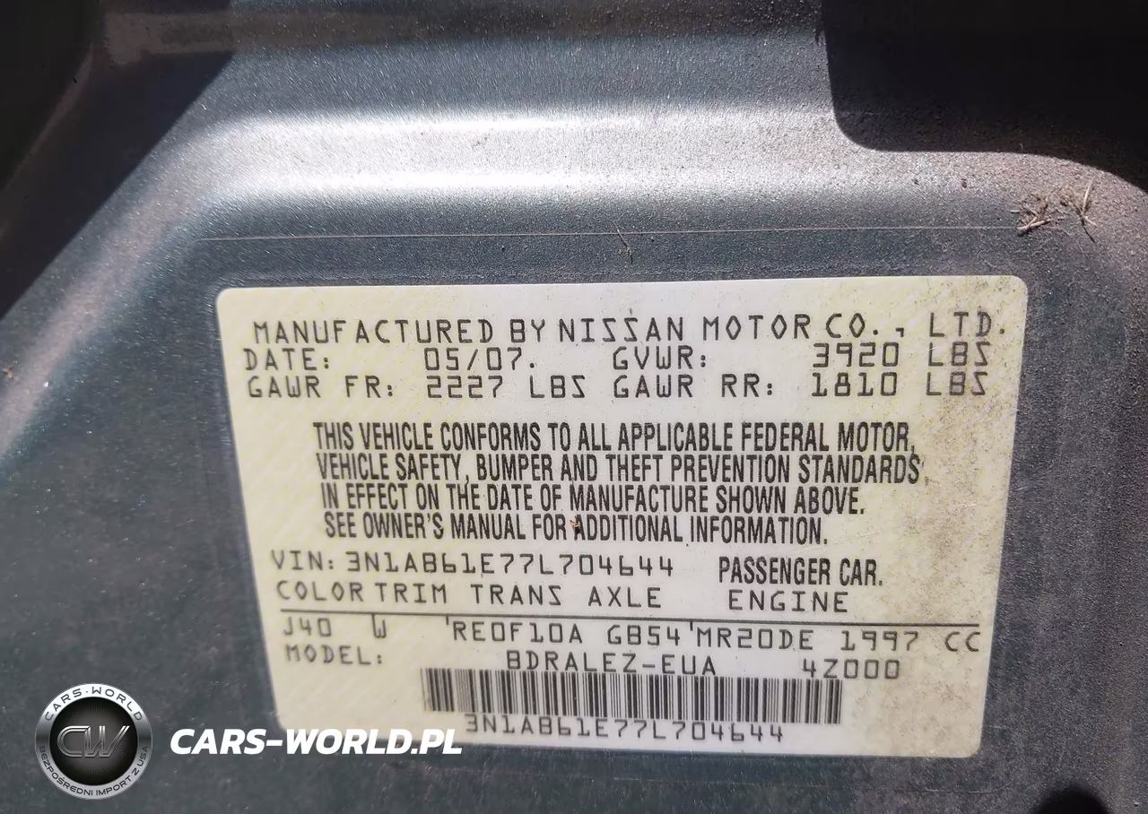2007 Nissan Sentra 2.0S VIN:3N1AB61E77L704644 - 9