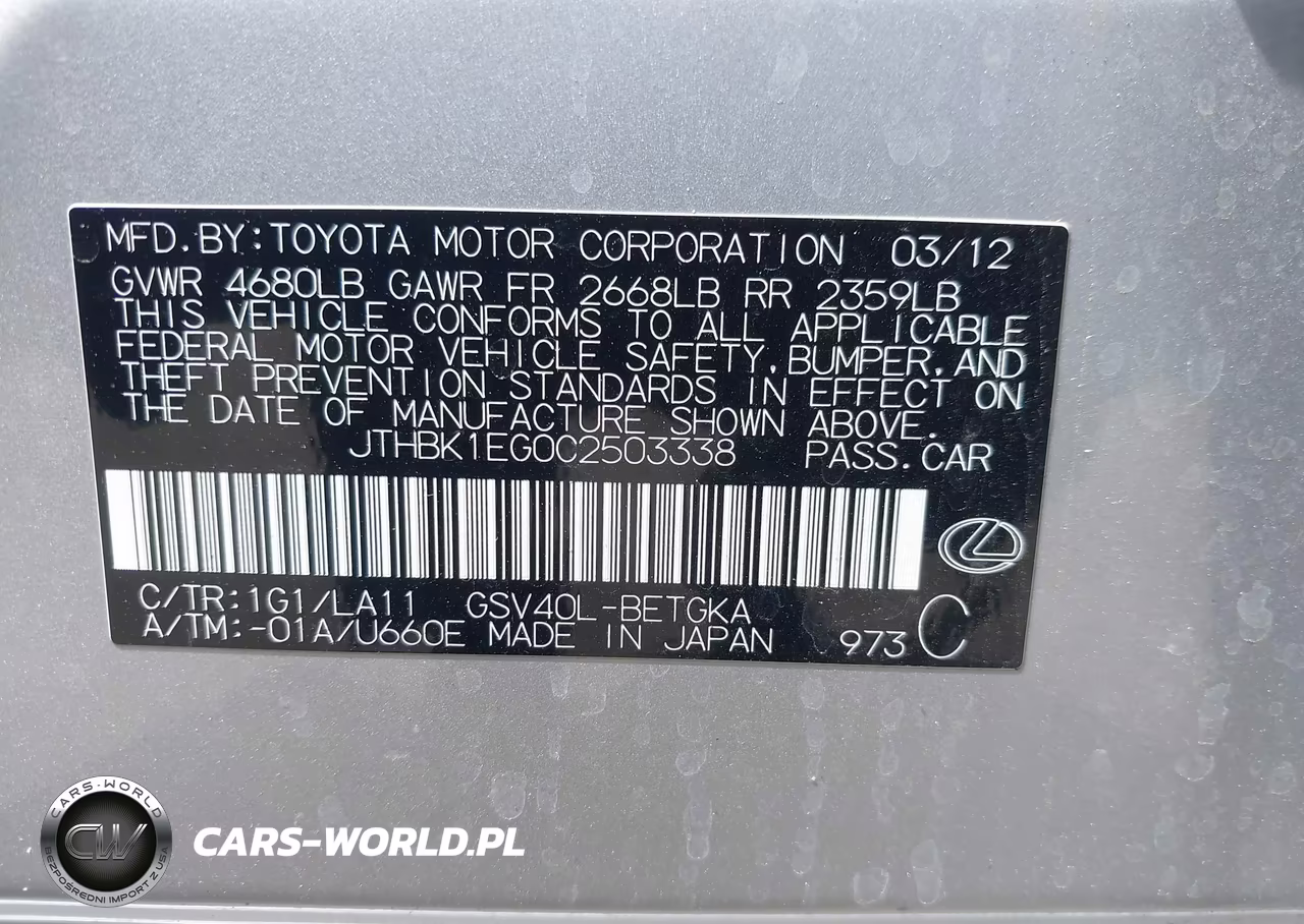 2012 Lexus Es 350 VIN:JTHBK1EG0C2503338 - 9