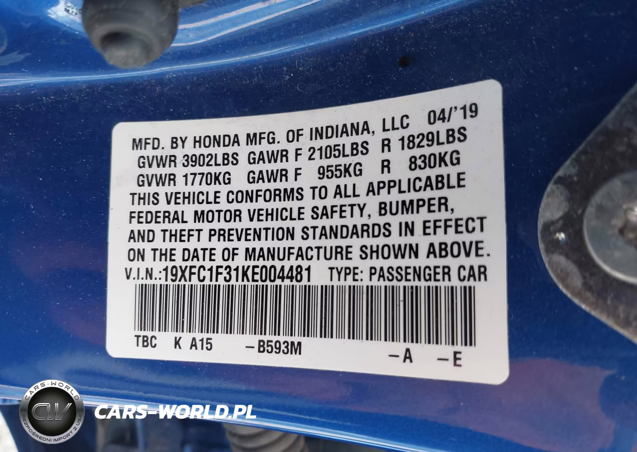 2019 Honda Civic Ex VIN:19XFC1F31KE004481 - 9