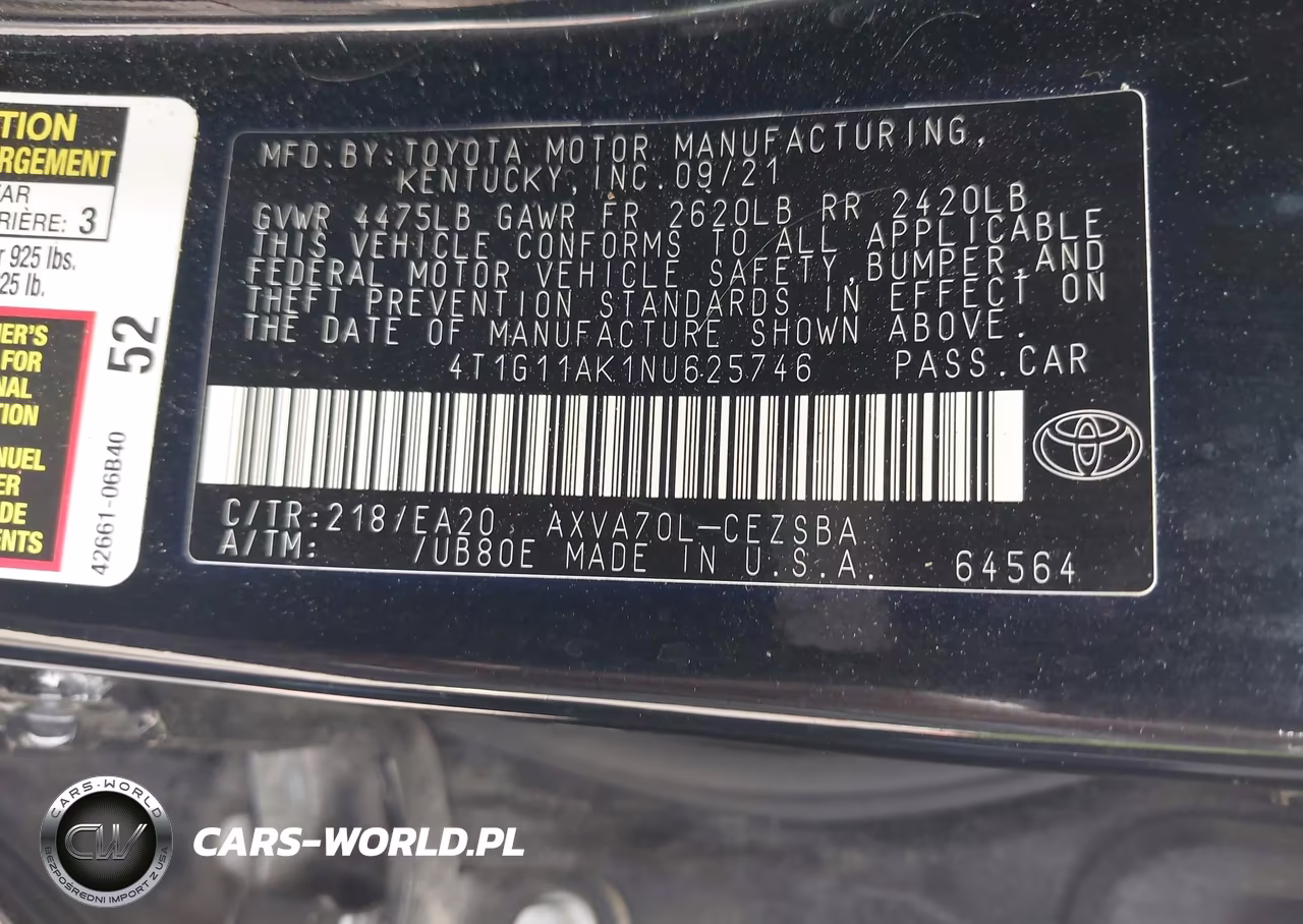 2022 Toyota Camry Se VIN:4T1G11AK1NU625746 - 9