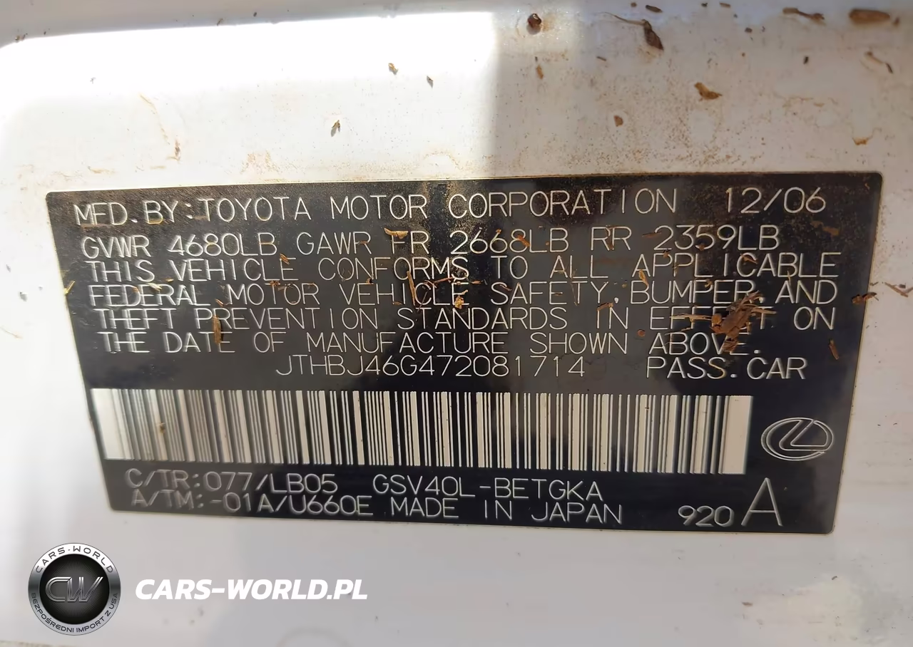 2007 Lexus Es 350 VIN:JTHBJ46G472081714 - 9