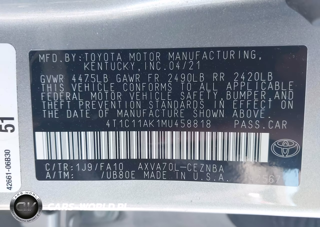 2021 Toyota Camry Le VIN:4T1C11AK1MU458818 - 9