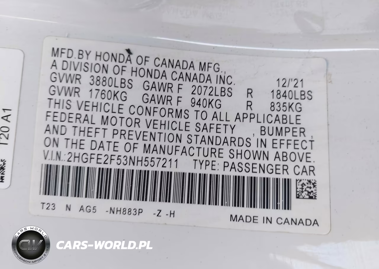 2022 Honda Civic Sport VIN:2HGFE2F53NH557211 - 9