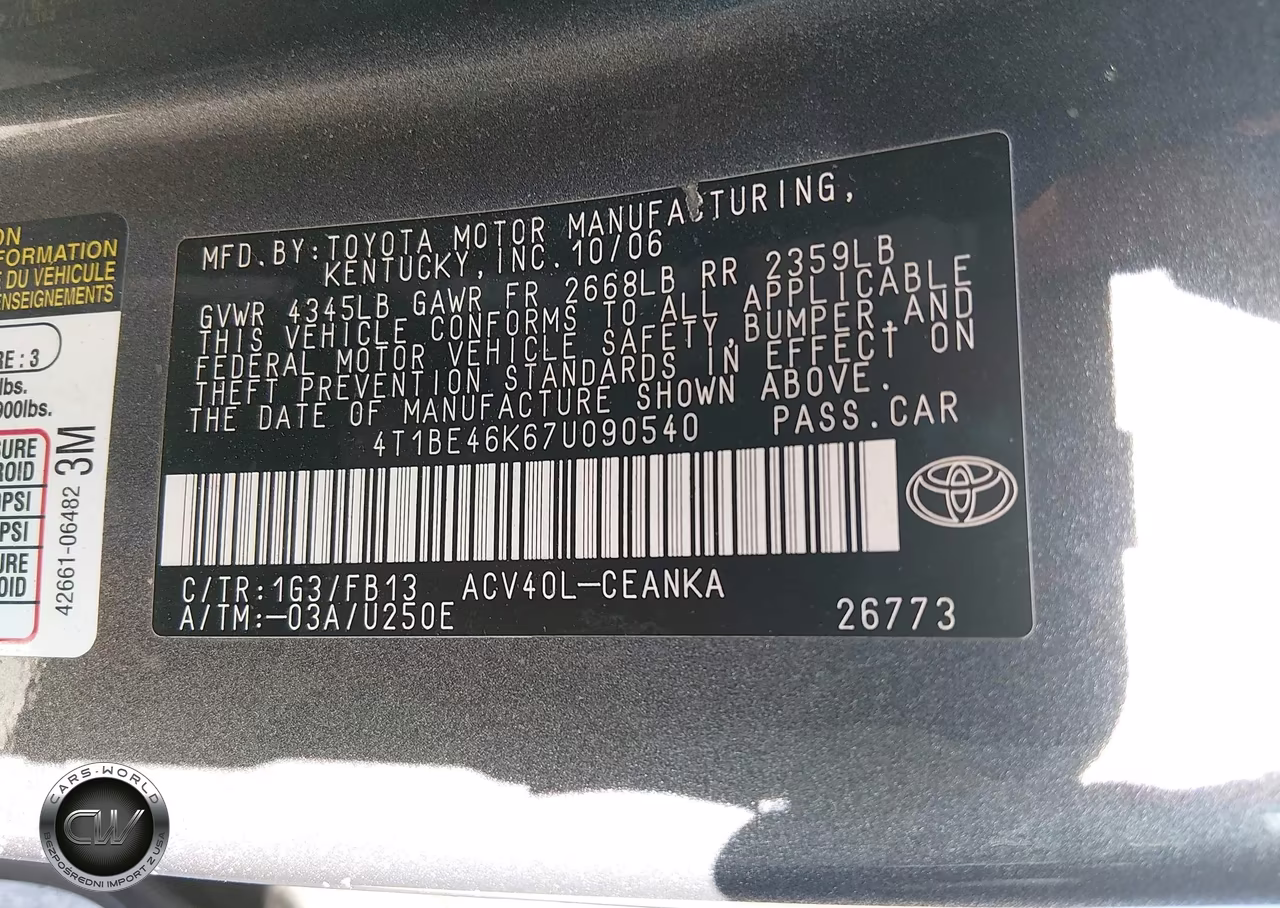 2007 Toyota Camry Le VIN:4T1BE46K67U090540 - 9