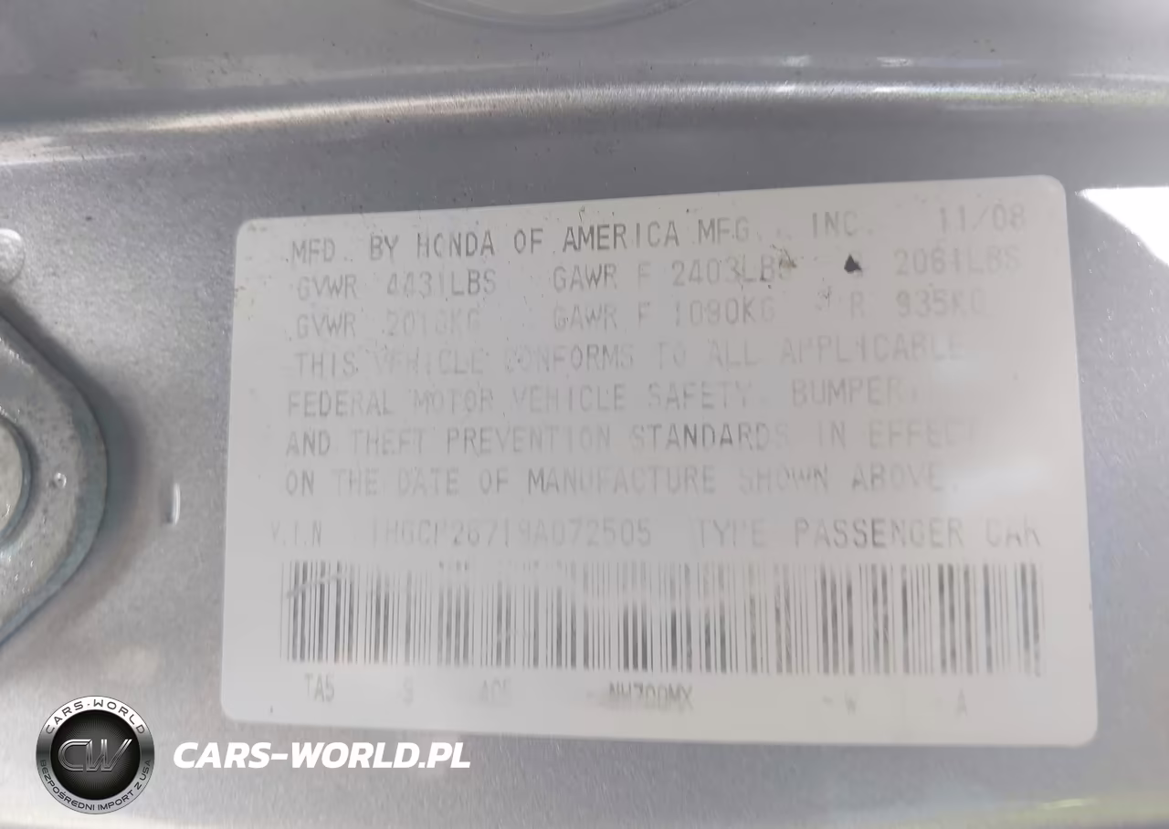 2009 Honda Accord 2.4 Ex VIN:1HGCP26719A072505 - 9