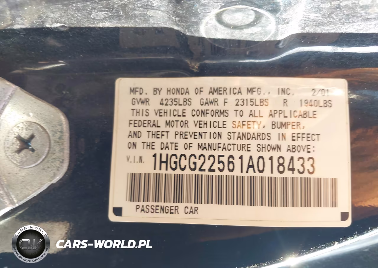 2001 Honda Accord 3.0 Ex VIN:1HGCG22561A018433 - 9