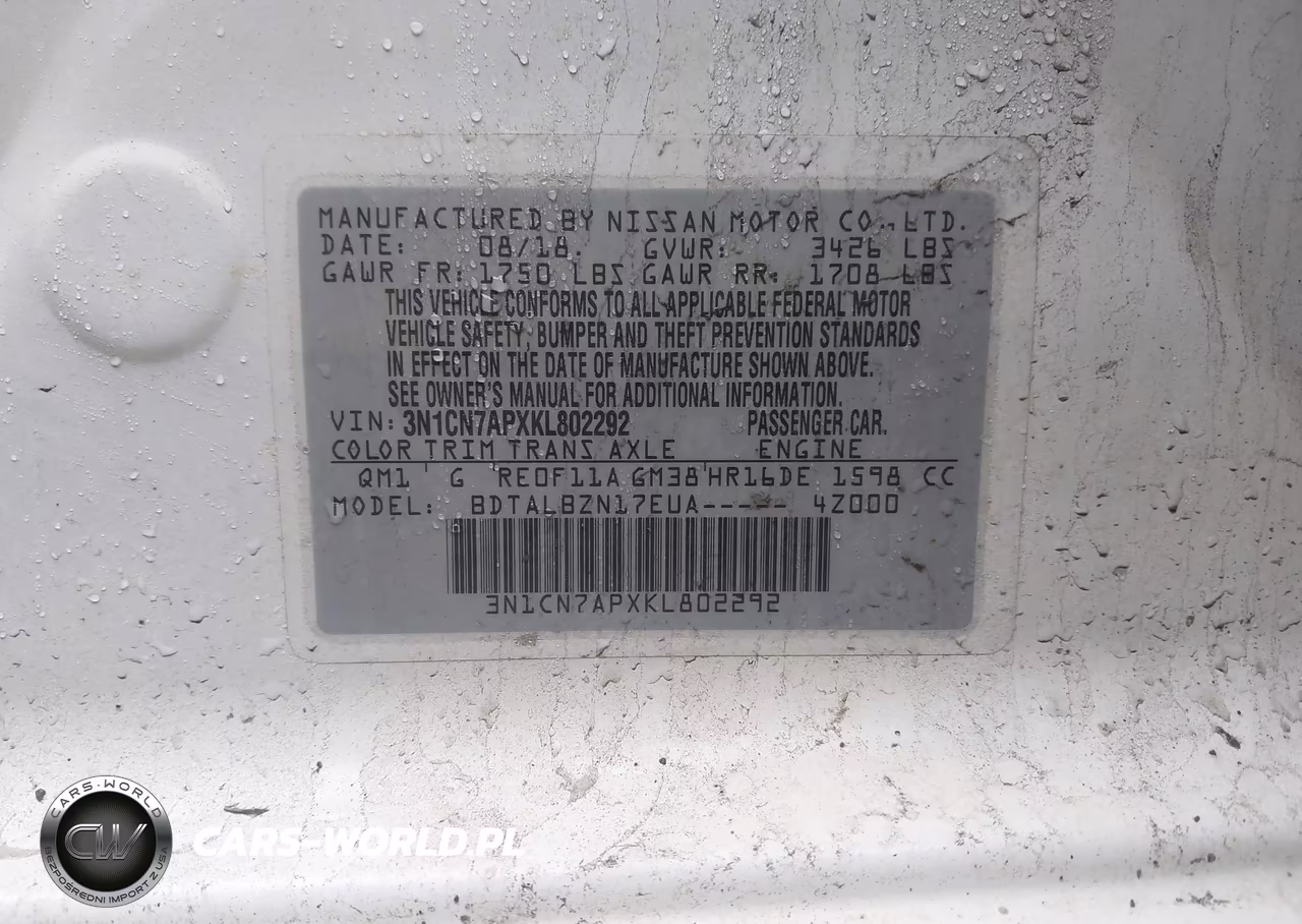 2019 Nissan Versa 1.6 Sv VIN:3N1CN7APXKL802292 - 9