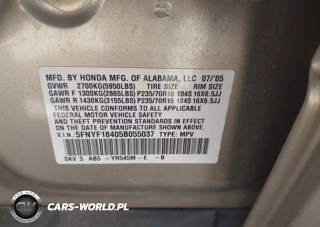 2005 Honda Pilot Ex VIN:5FNYF18405B055037 - 9