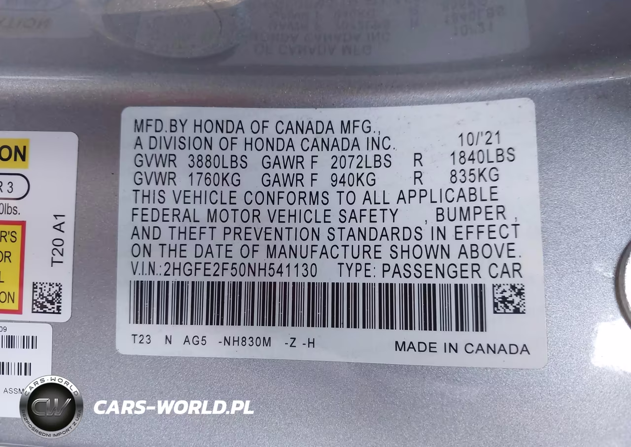 2022 Honda Civic Sport VIN:2HGFE2F50NH541130 - 9