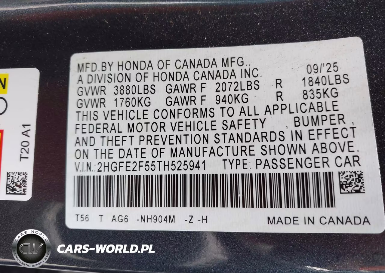 2026 Honda Civic Sport VIN:2HGFE2F55TH525941 - 9