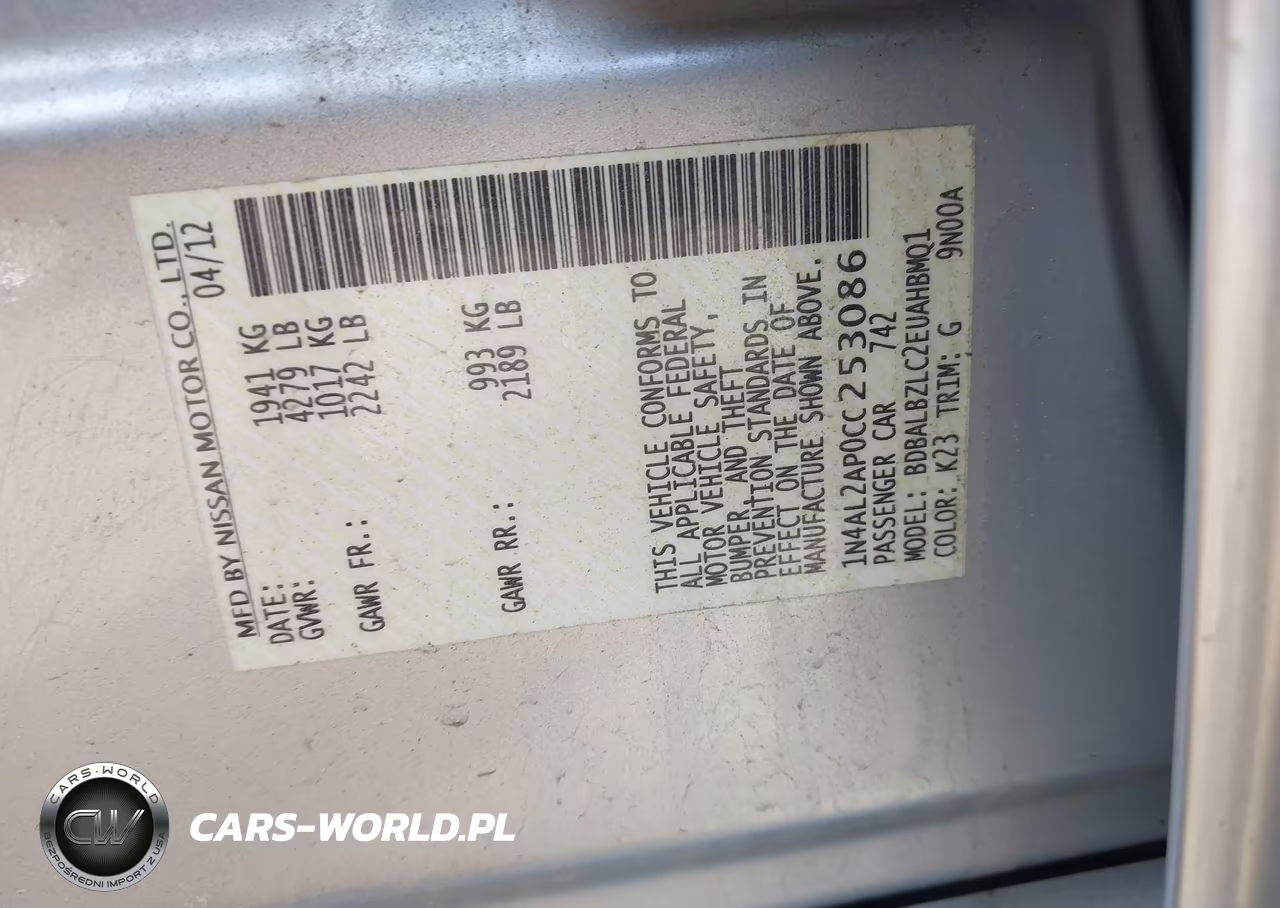 2012 Nissan Altima 2.5 S VIN:1N4AL2AP0CC253086 - 9