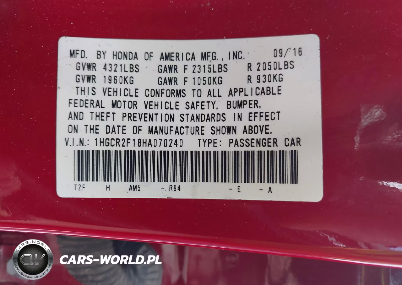 2017 Honda Accord Sport Se VIN:1HGCR2F18HA070240 - 9