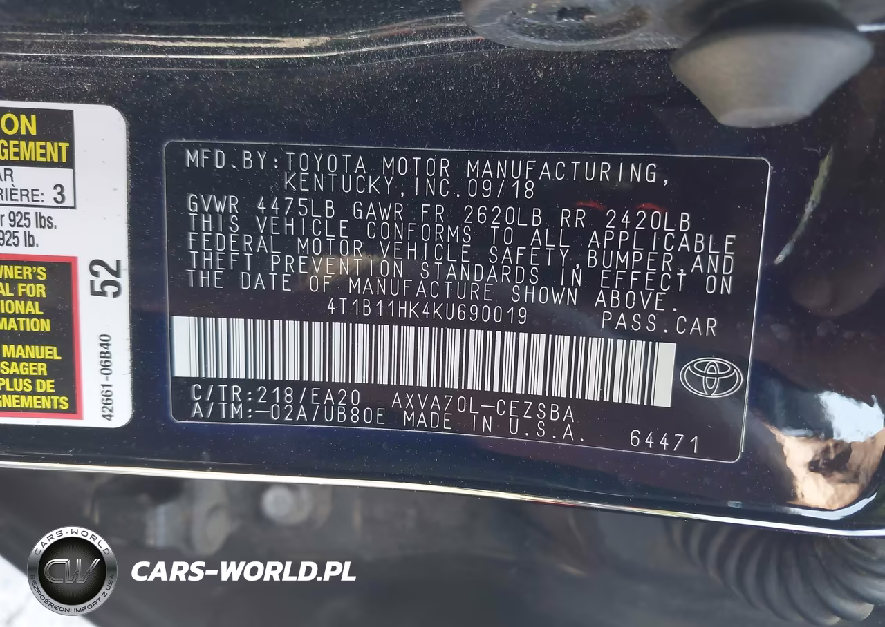 2019 Toyota Camry Se VIN:4T1B11HK4KU690019 - 9