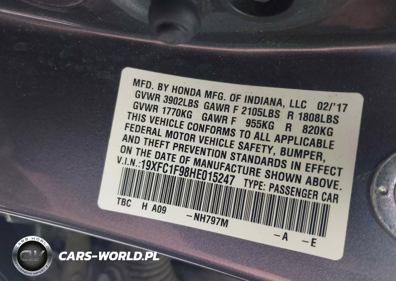 2017 Honda Civic Touring VIN:19XFC1F98HE015247 - 9
