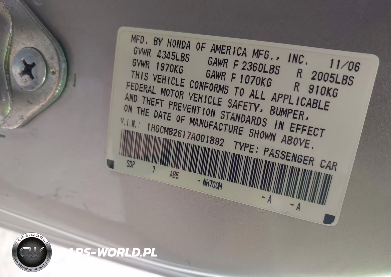 2007 Honda Accord 3.0 Ex VIN:1HGCM82617A001892 - 9
