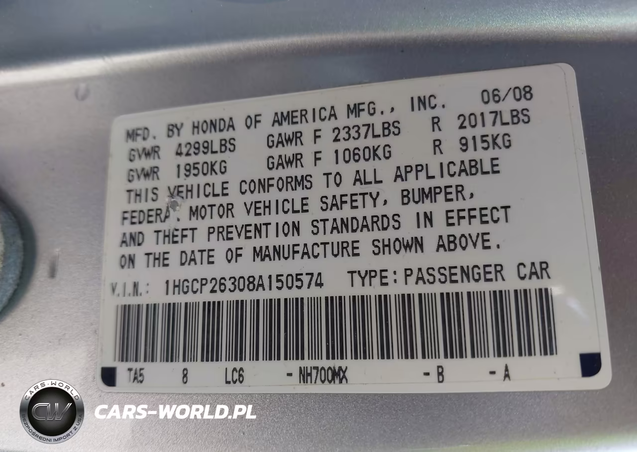 2008 Honda Accord 2.4 Lx VIN:1HGCP26308A150574 - 9