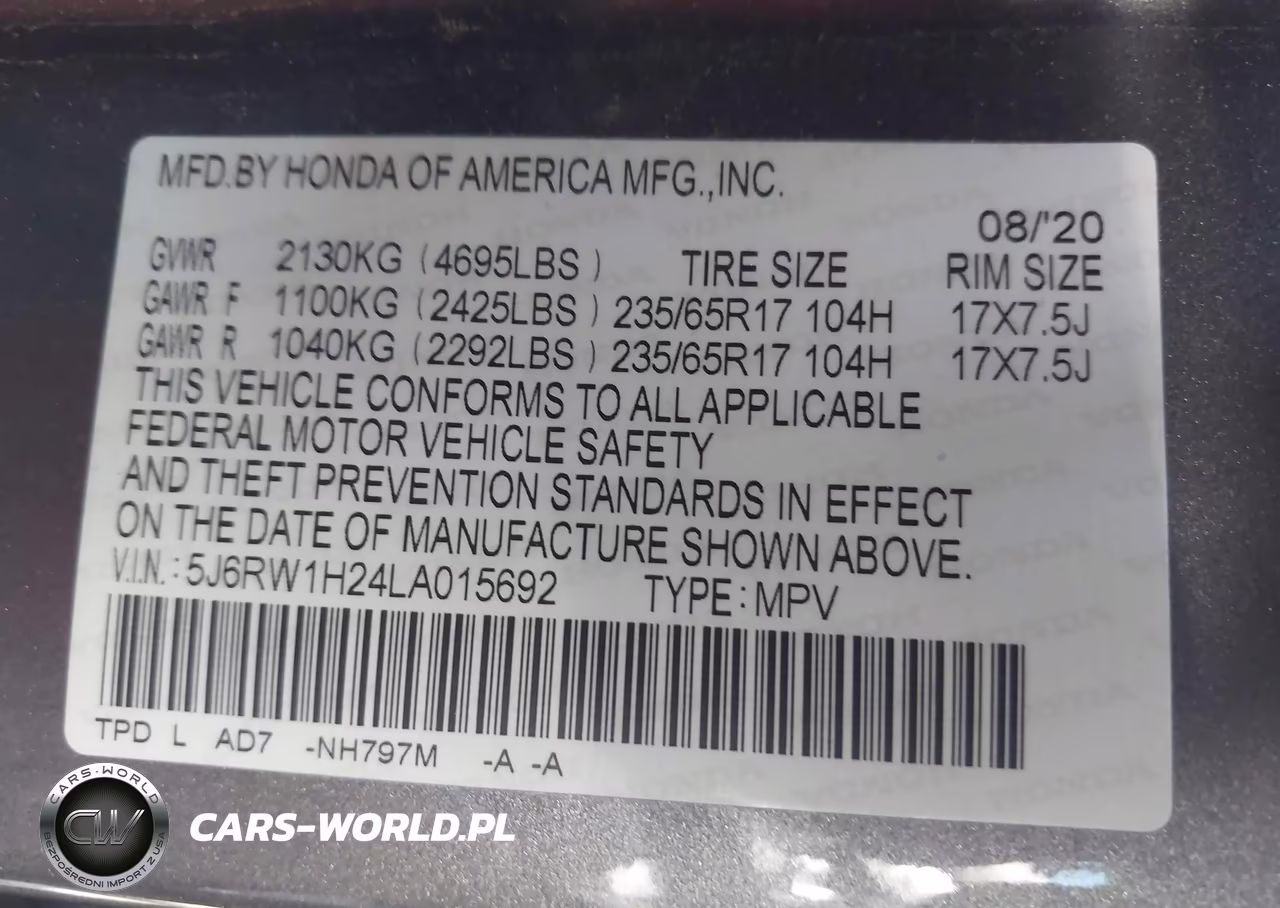2020 Honda Cr-V 2Wd Lx VIN:5J6RW1H24LA015692 - 9