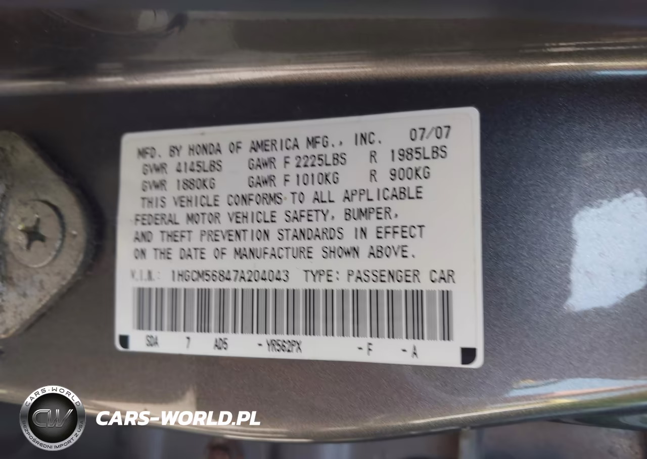 2007 Honda Accord 2.4 Ex VIN:1HGCM56847A204043 - 9