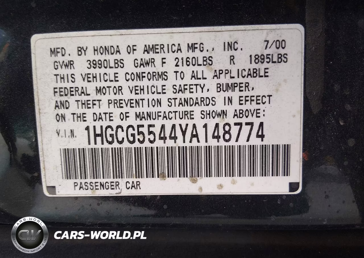 2000 Honda Accord 2.3 Lx VIN:1HGCG5544YA148774 - 9