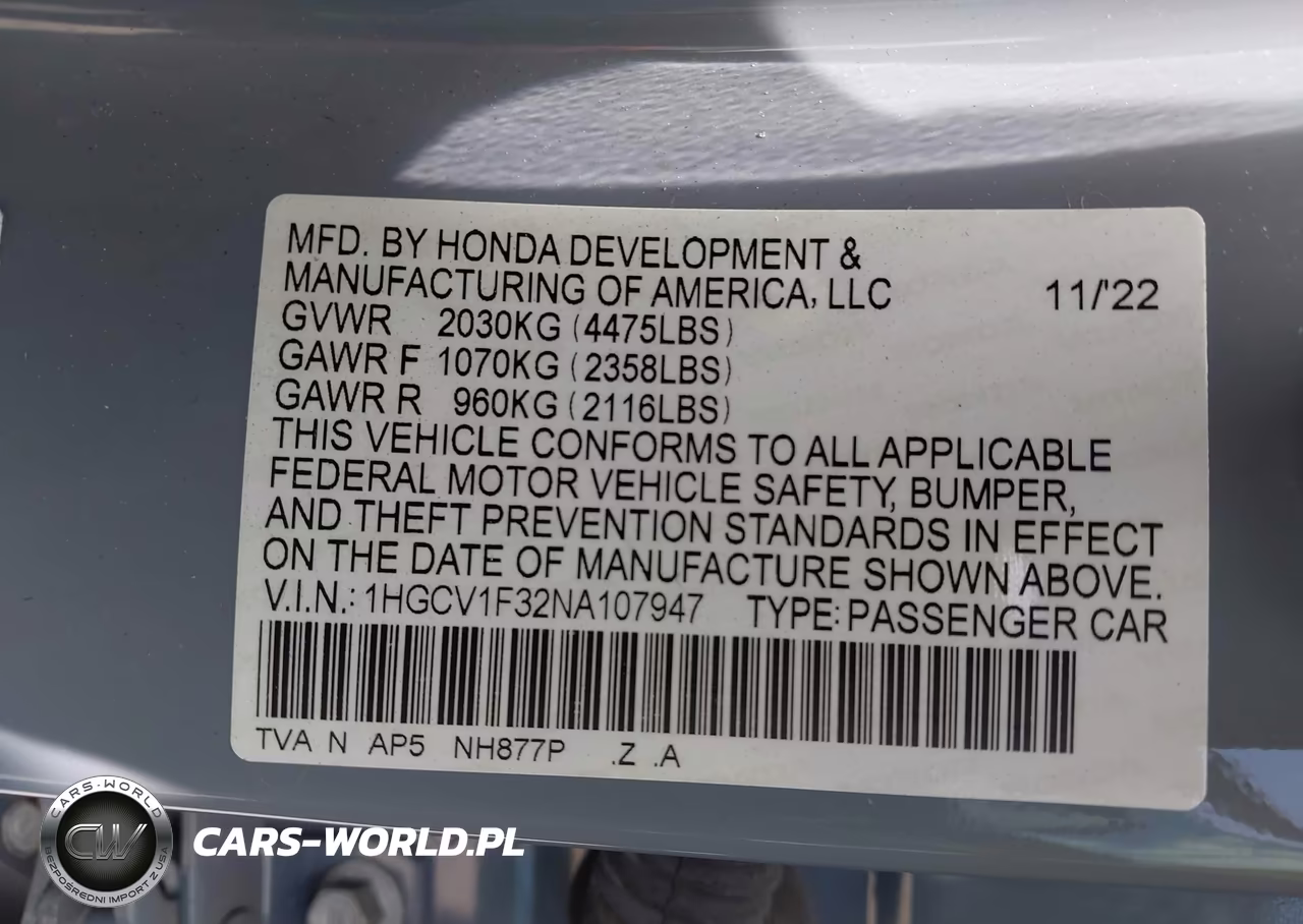 2022 Honda Accord Sport VIN:1HGCV1F32NA107947 - 9