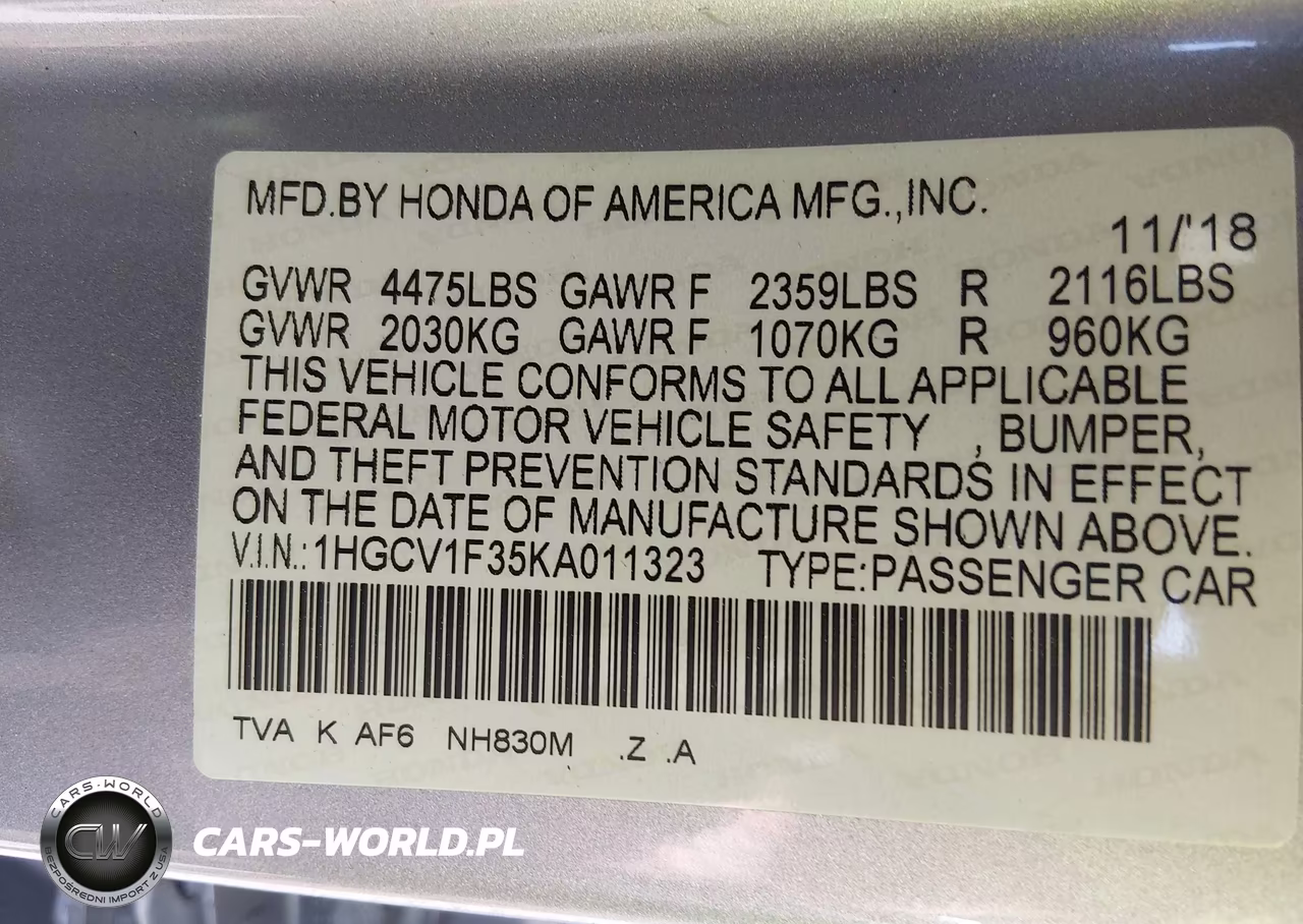 2019 Honda Accord Sport VIN:1HGCV1F35KA011323 - 9