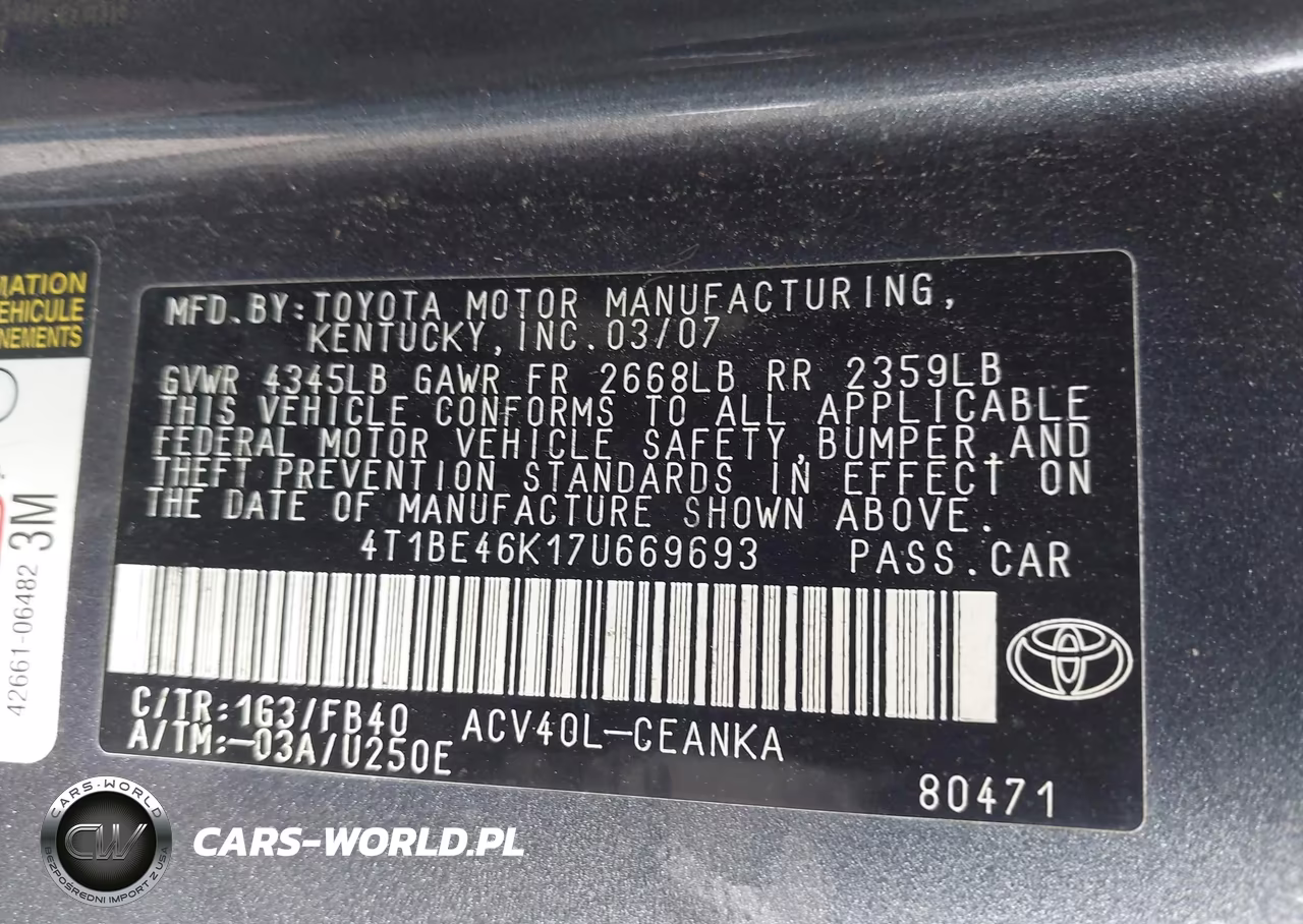 2007 Toyota Camry Le VIN:4T1BE46K17U669693 - 9