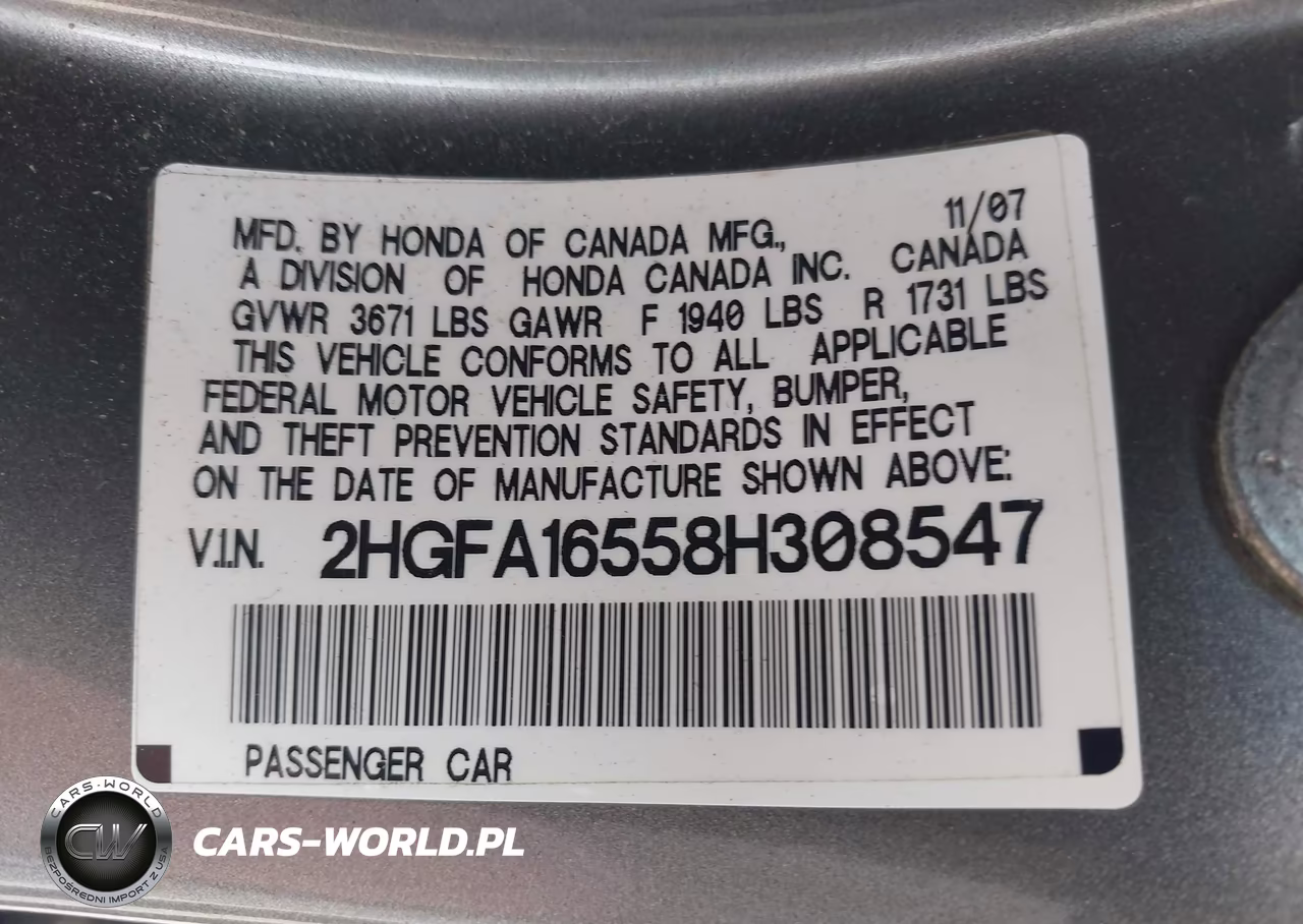 2008 Honda Civic Lx VIN:2HGFA16558H308547 - 9