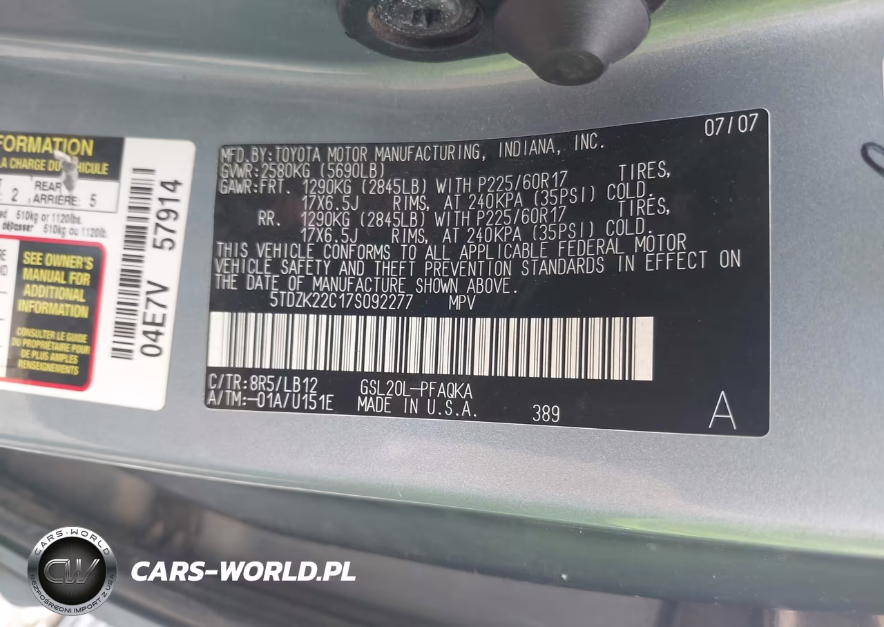 2007 Toyota Sienna Xle VIN:5TDZK22C17S092277 - 9