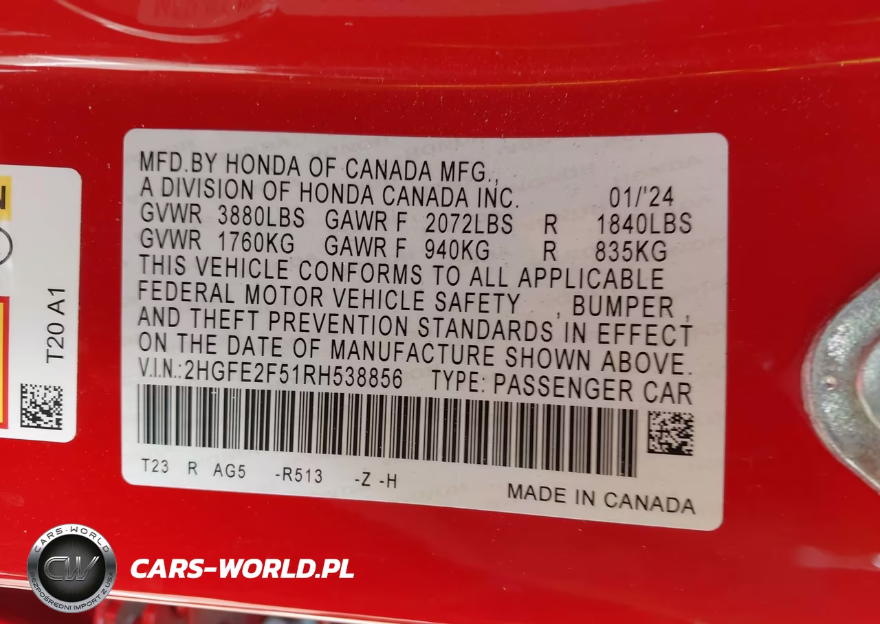2024 Honda Civic Sport VIN:2HGFE2F51RH538856 - 9