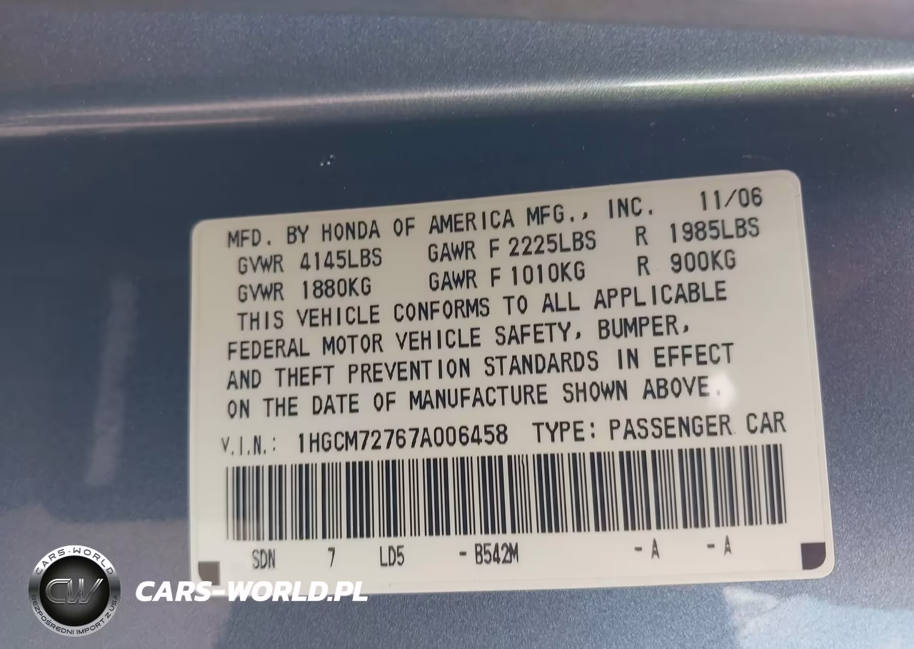 2007 Honda Accord 2.4 Ex VIN:1HGCM72767A006458 - 9