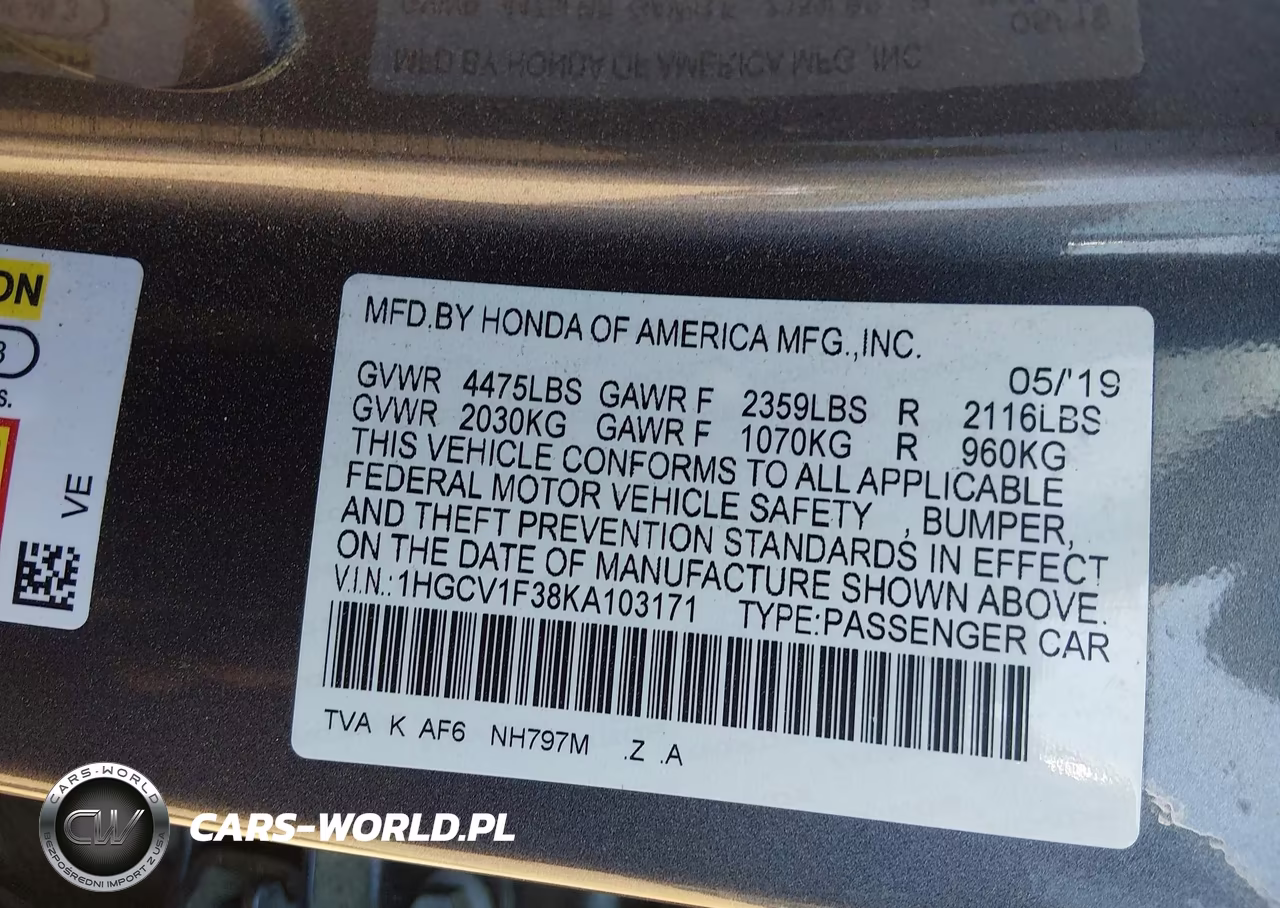 2019 Honda Accord Sport VIN:1HGCV1F38KA103171 - 9